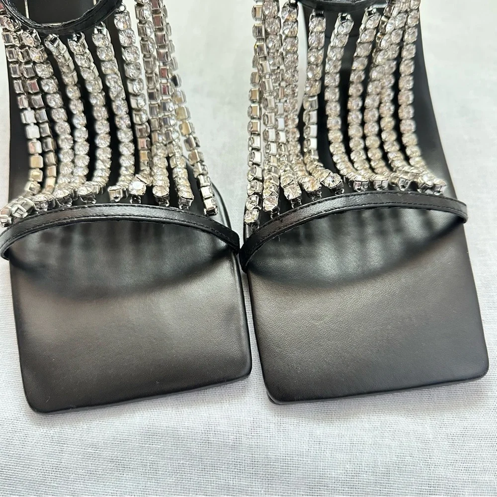 New Zara $129 Rhinestone Square Toe Black Sandals 1343/610 Size 10 RARE - Picture 7 of 16